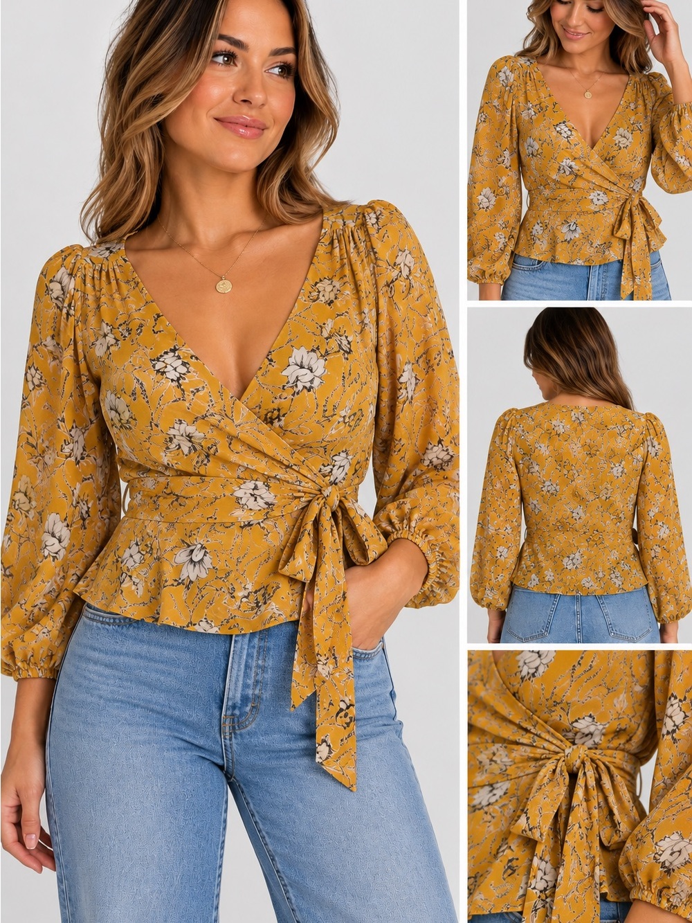 Banana Republic Floral Tie-Front Peasant Blouse - Mustard